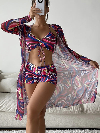 3-Piece Print Bikini & Cardigan Set