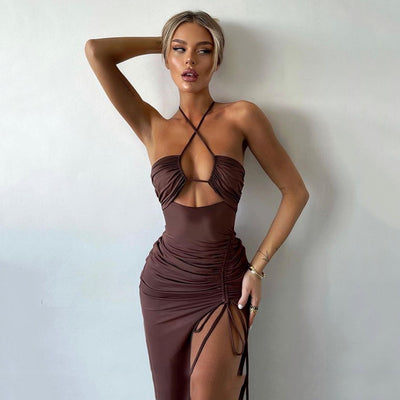 Lace-Up Halter Split Dress