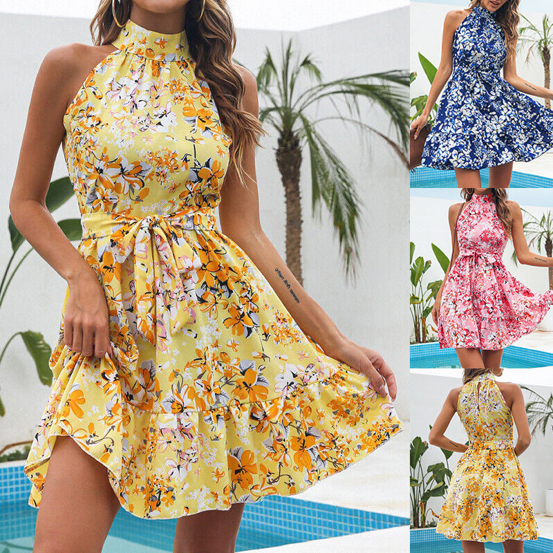 Floral Halter Ruffle Dress